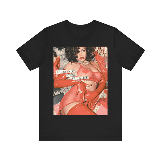 A black graphic t-shirt featuring a graphic of Rihanna with a 'hot valentine' theme.