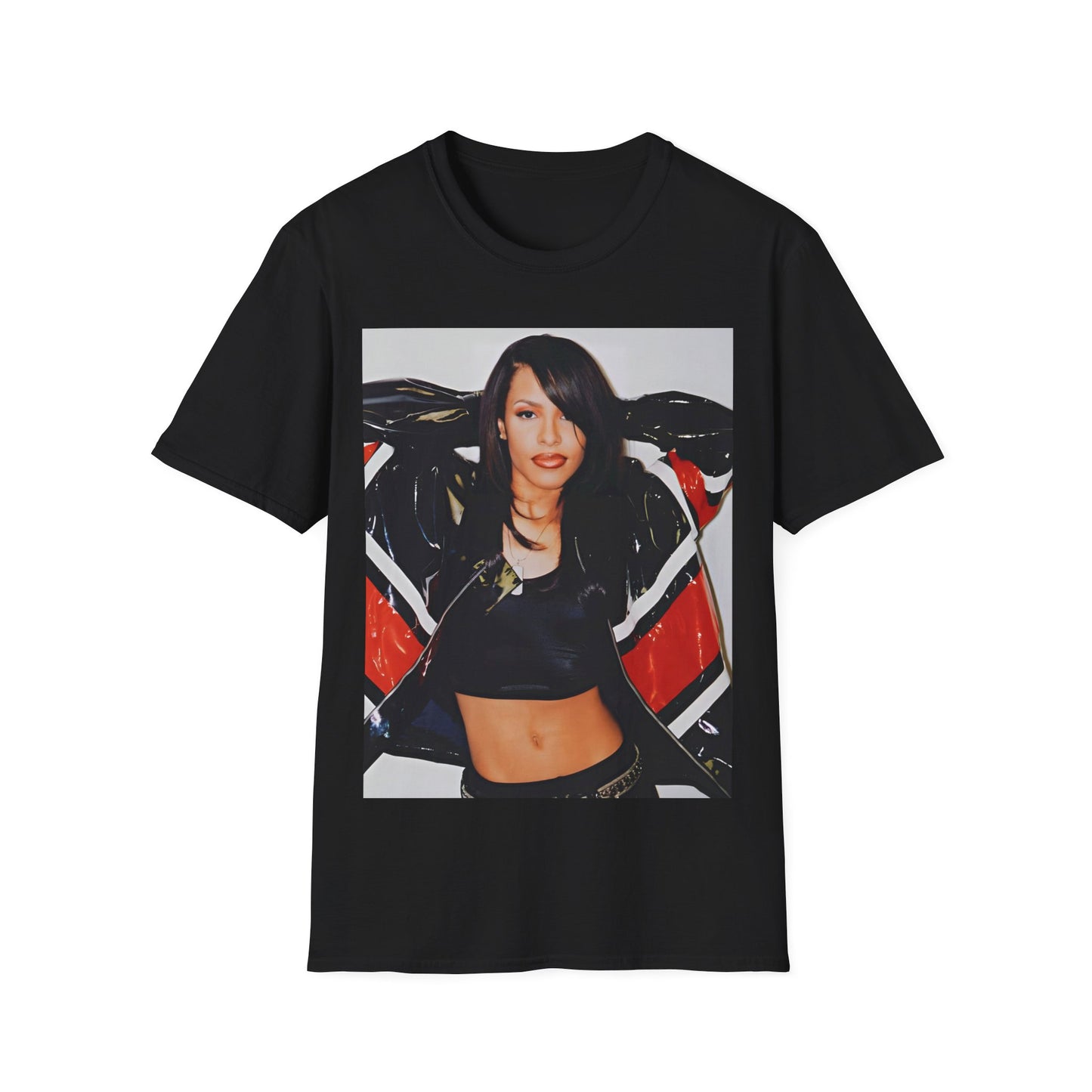 Full-body photo of Aaliyah wearing a classic 90s all-white outfit with a bandana, printed on a t-shirt.