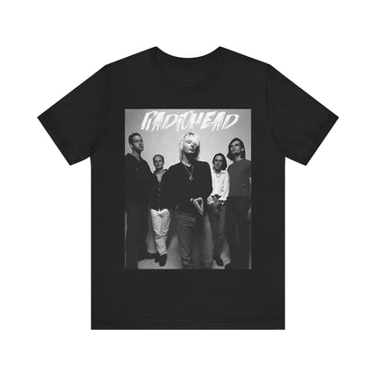 A black graphic t-shirt featuring a retro graphic related to Radiohead's 'OK Computer' album era.