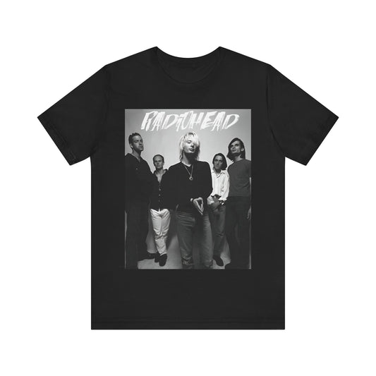 A black graphic t-shirt featuring a retro graphic related to Radiohead's 'OK Computer' album era.