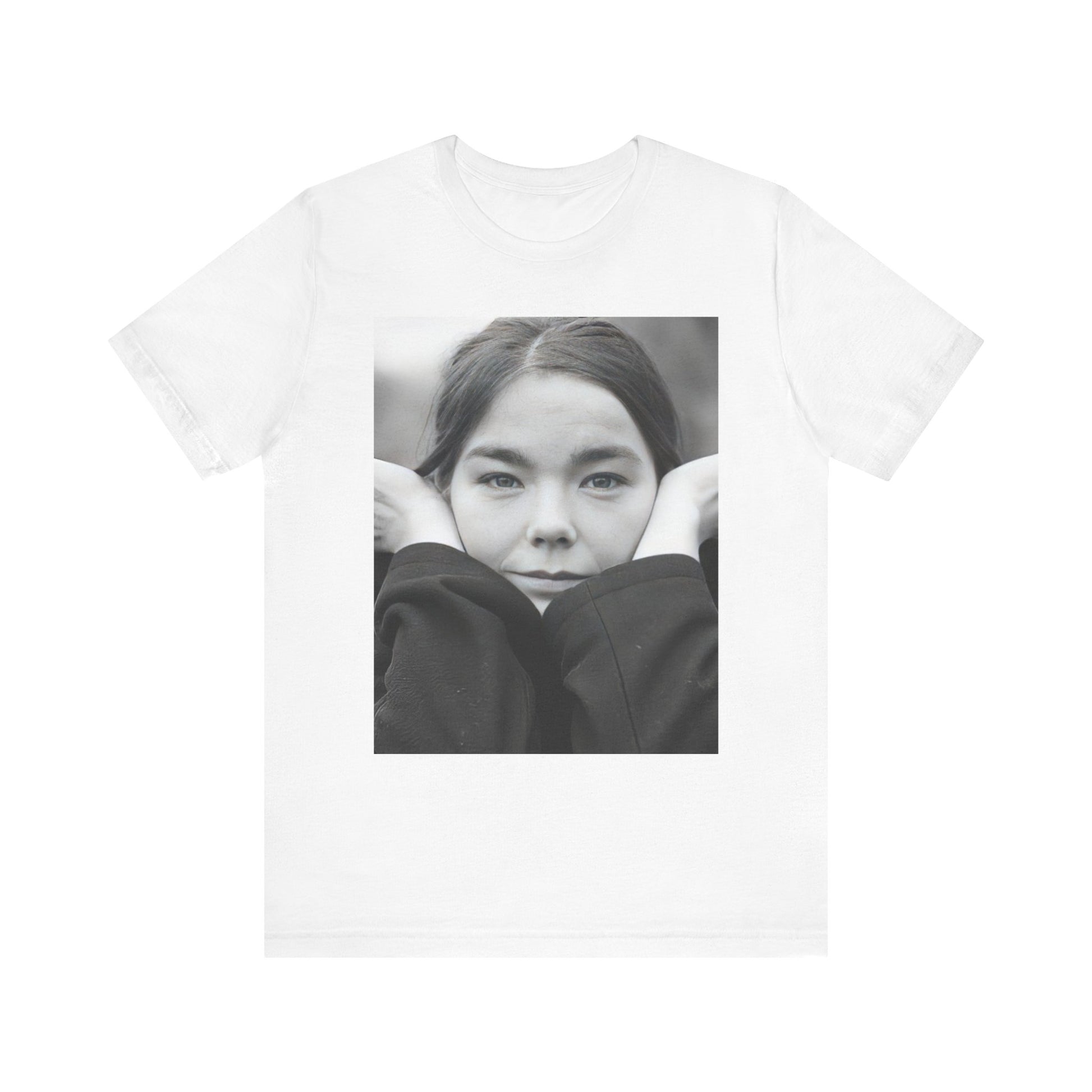 A black graphic t-shirt featuring a black and white portrait photo of Bjork.