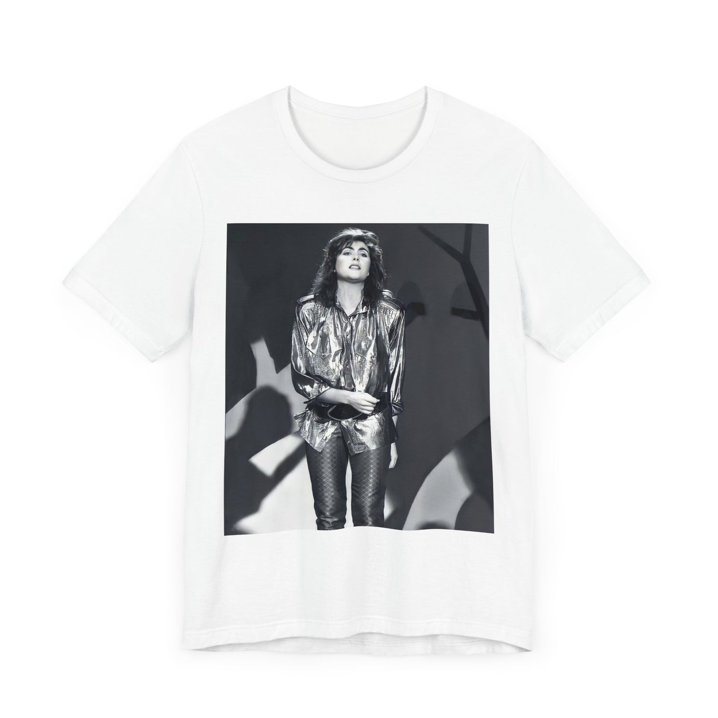 A black graphic t-shirt featuring a graphic of Laura Branigan emphasizing her timeless voice.