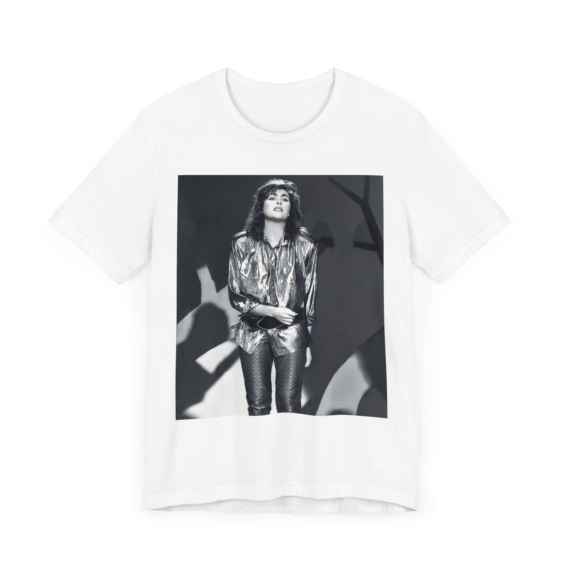 A black graphic t-shirt featuring a graphic of Laura Branigan emphasizing her timeless voice.