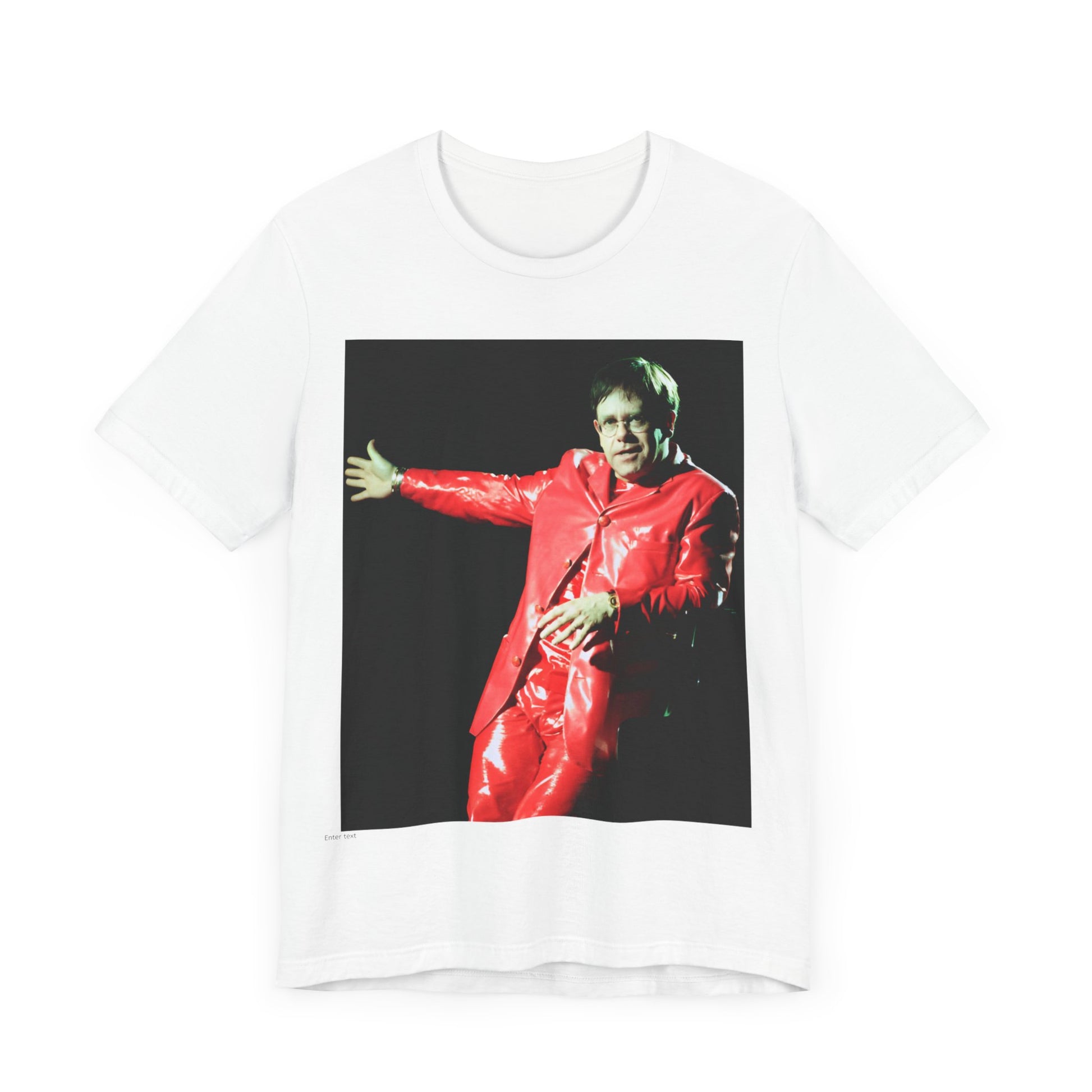 A black graphic t-shirt featuring a vintage photo portrait of Elton John as a music legend.