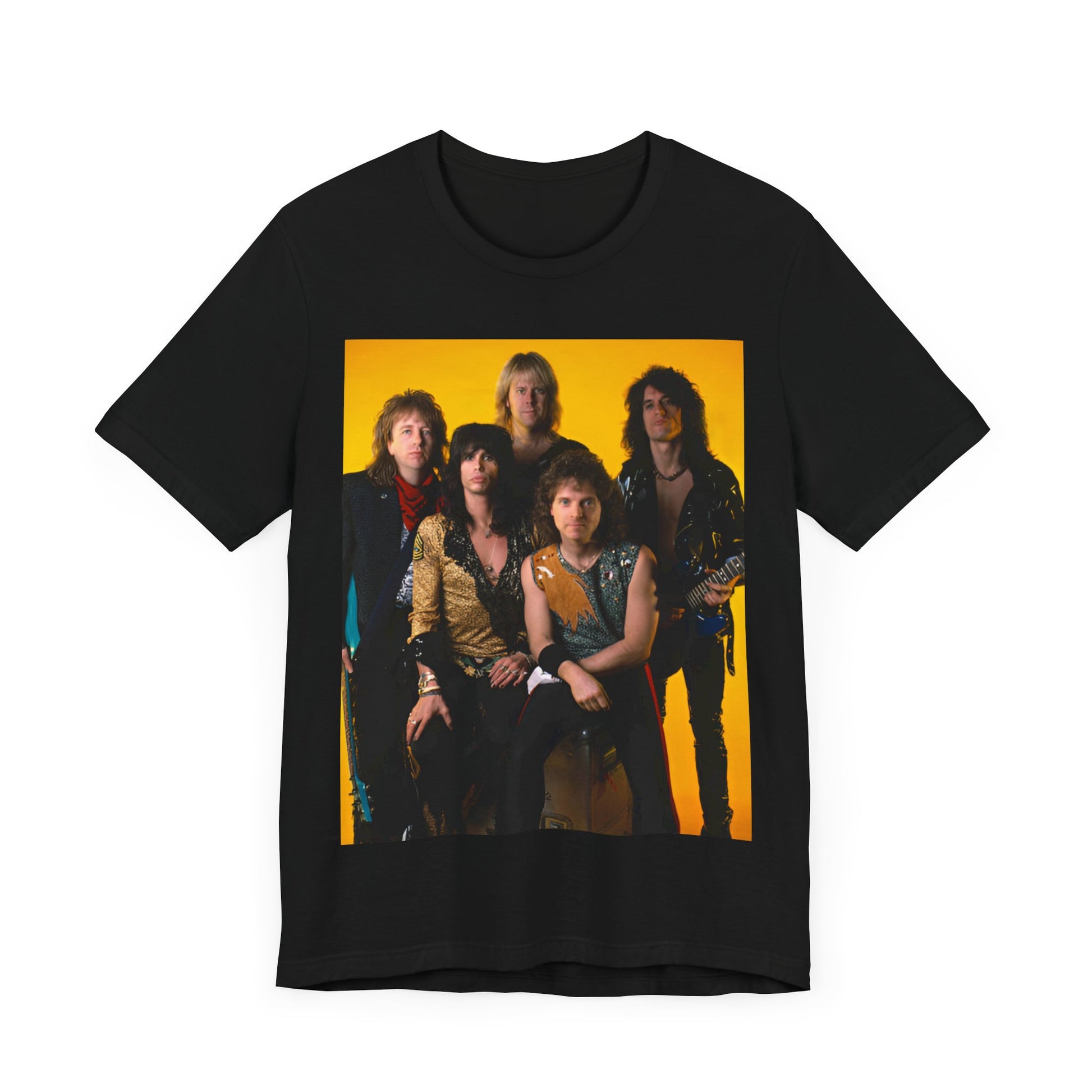 A black graphic t-shirt featuring a band photo of Aerosmith from the 1980s, showing the members in their iconic styles from that decade.