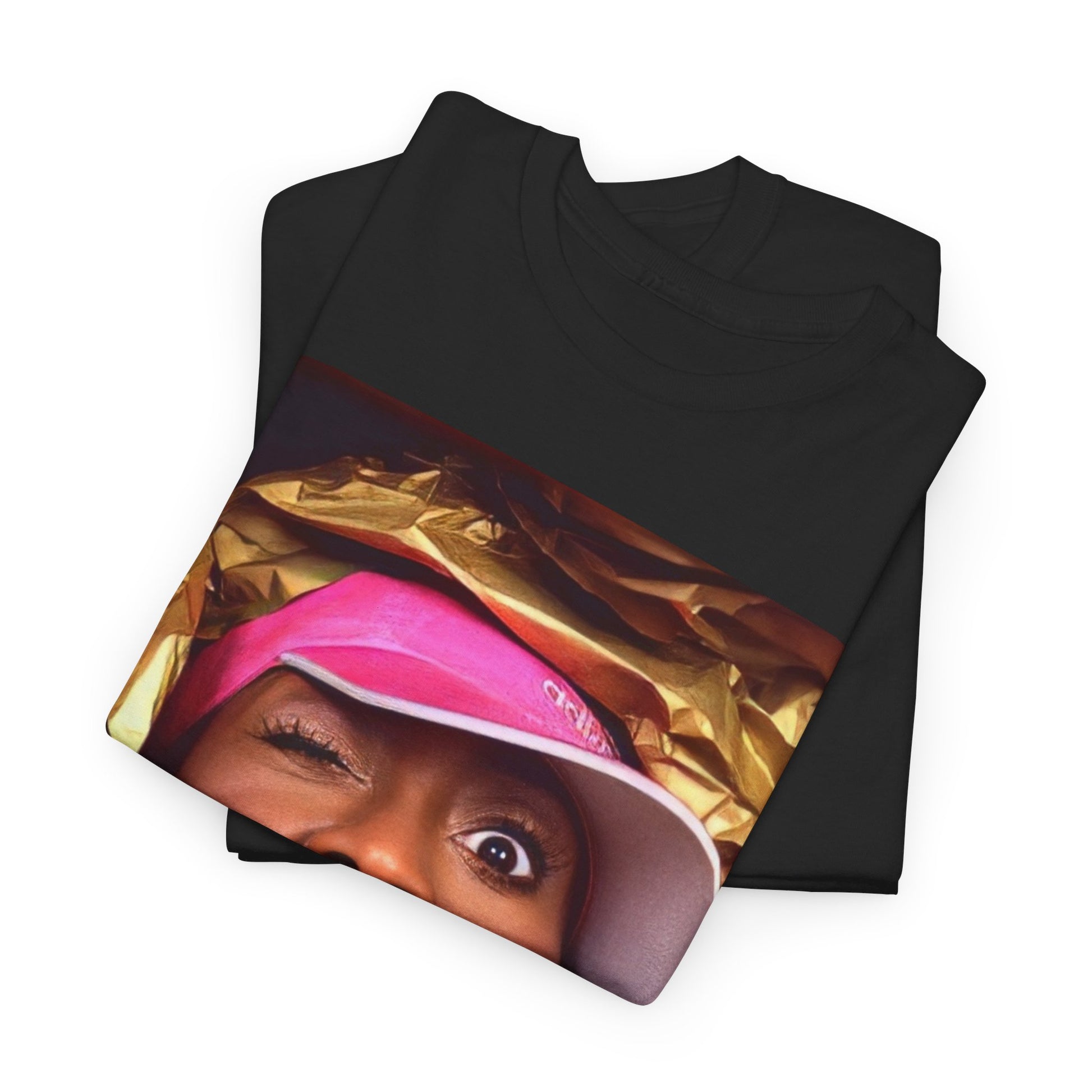 A black graphic t-shirt featuring a graphic related to Missy Elliott's 90s rap music video visionary style.