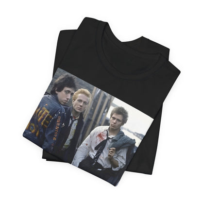 A black graphic t-shirt featuring a graphic of The Clash with a fearless attitude.