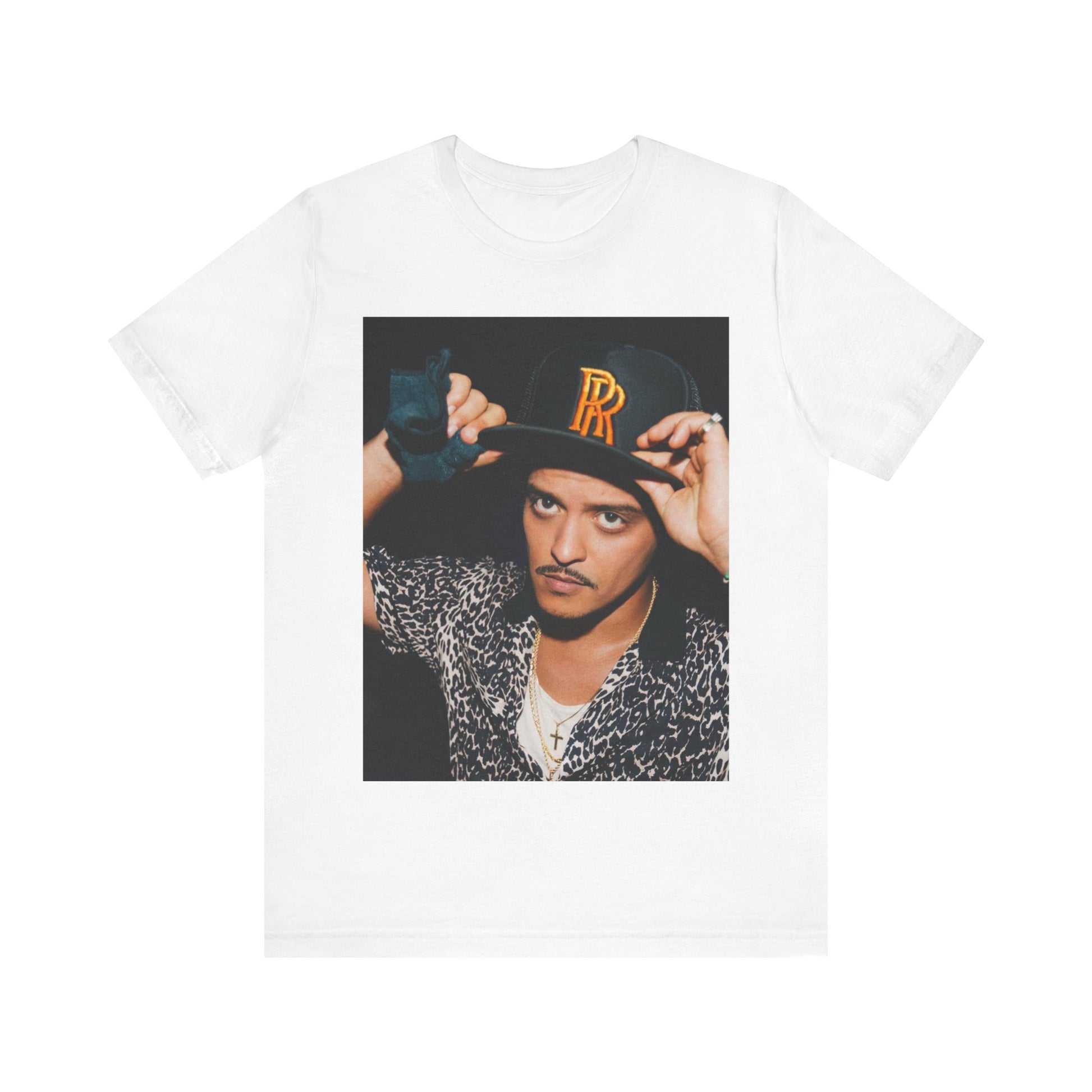 A black graphic t-shirt featuring a vintage photo of Bruno Mars wearing a hat or cap with 'RR' initials.