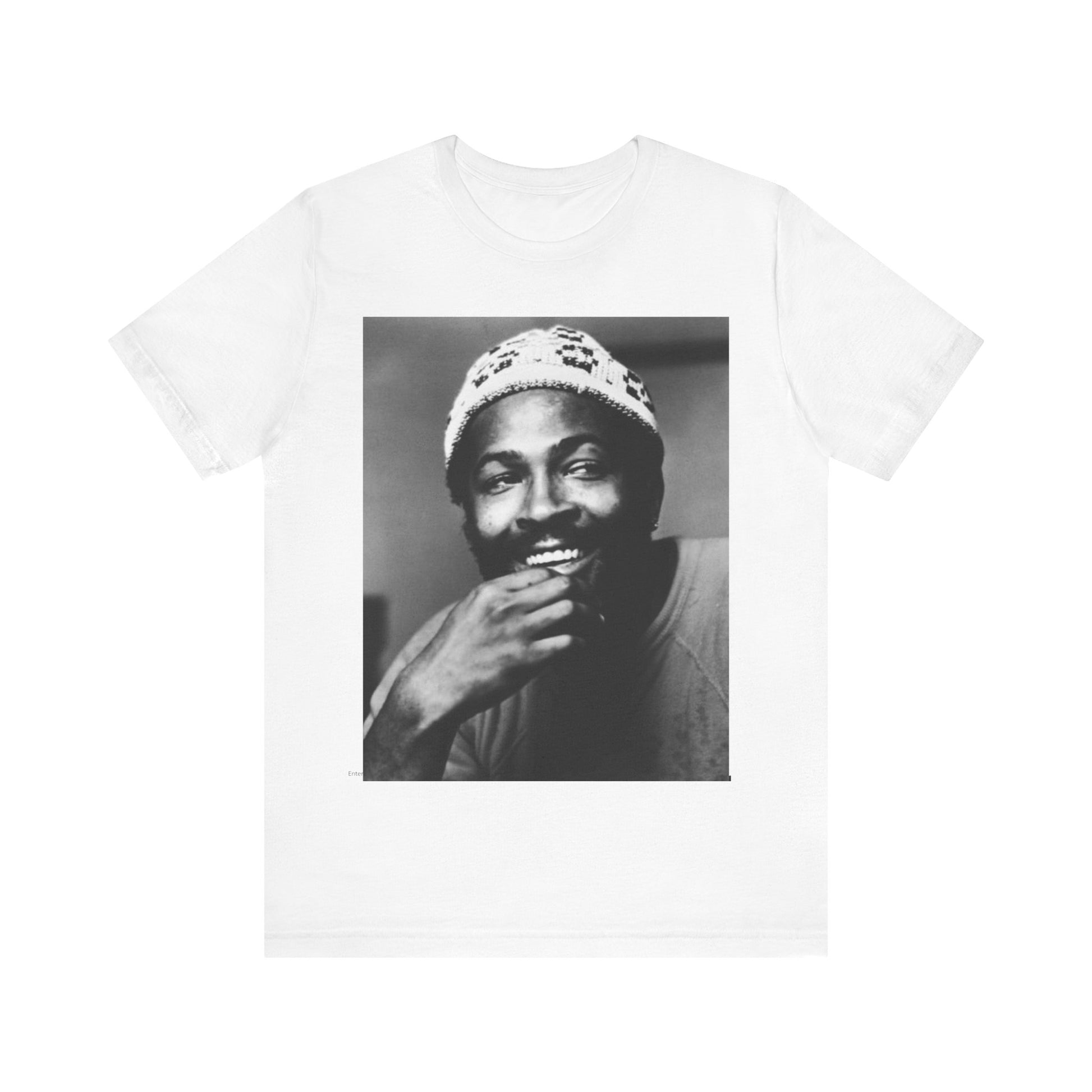 A black graphic t-shirt featuring a 70s retro portrait graphic of Marvin Gaye.