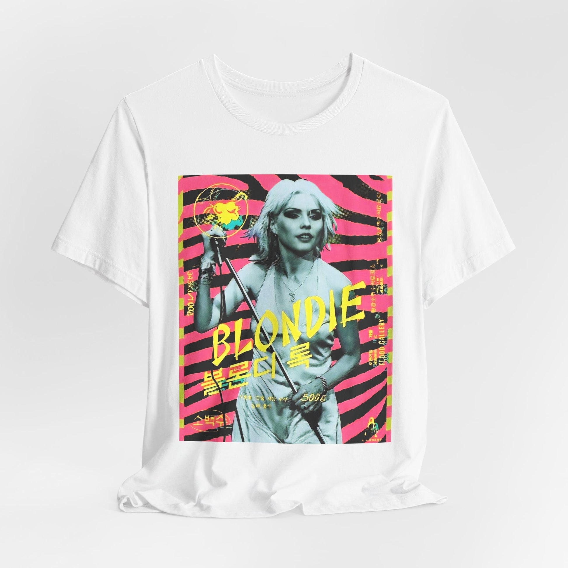A black graphic t-shirt featuring a retro 70s pop art style graphic of Blondie.