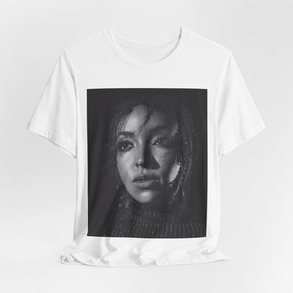 A black graphic t-shirt featuring a black and white portrait photo of Tinashe.