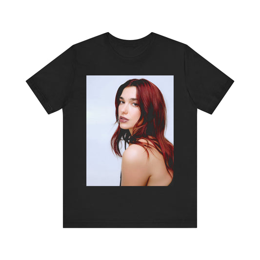 A black graphic t-shirt featuring a retro graphic inspired by Dua Lipa's "Don't Start Now" song.