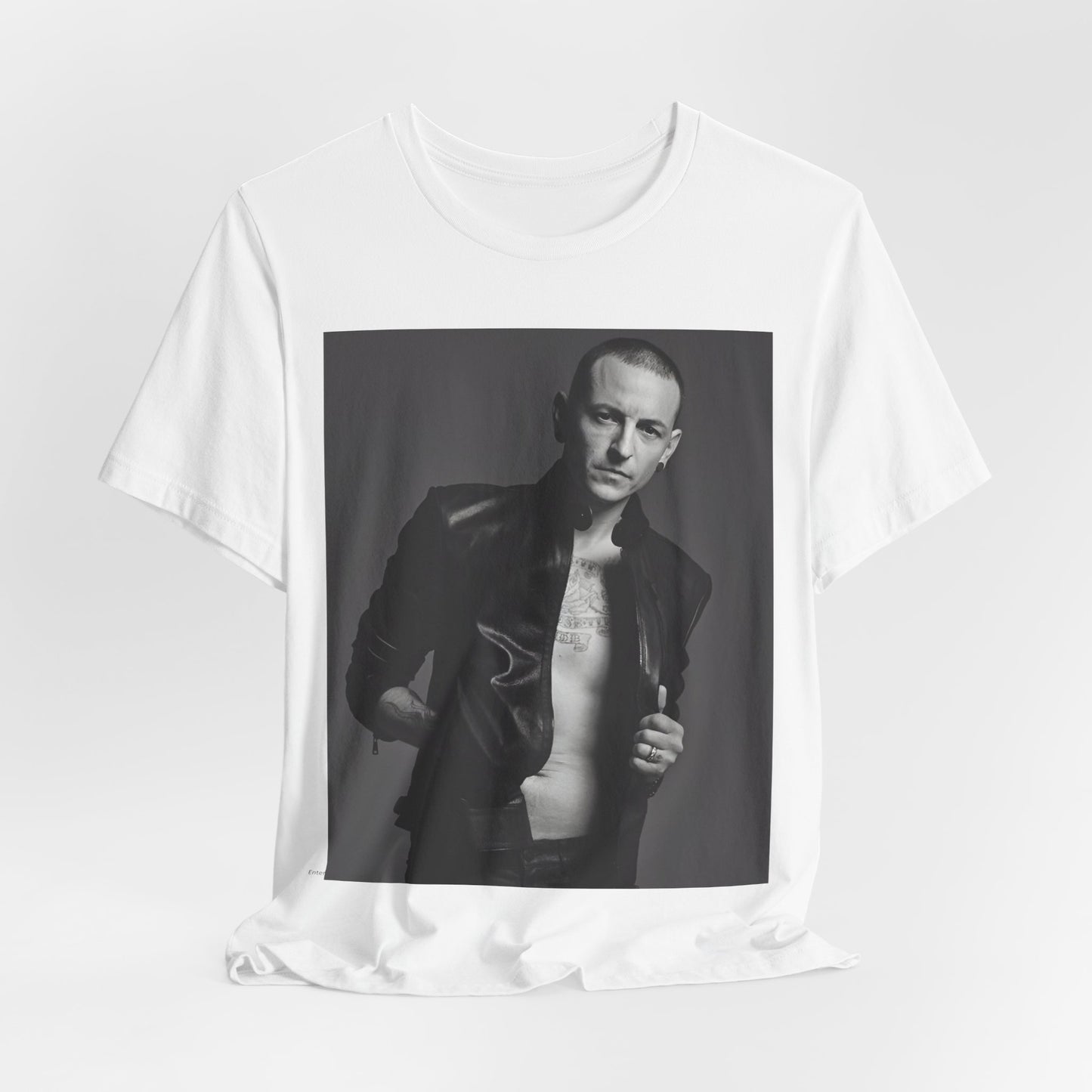A black graphic t-shirt featuring a graphic of Chester Bennington from Linkin Park as a rock icon.