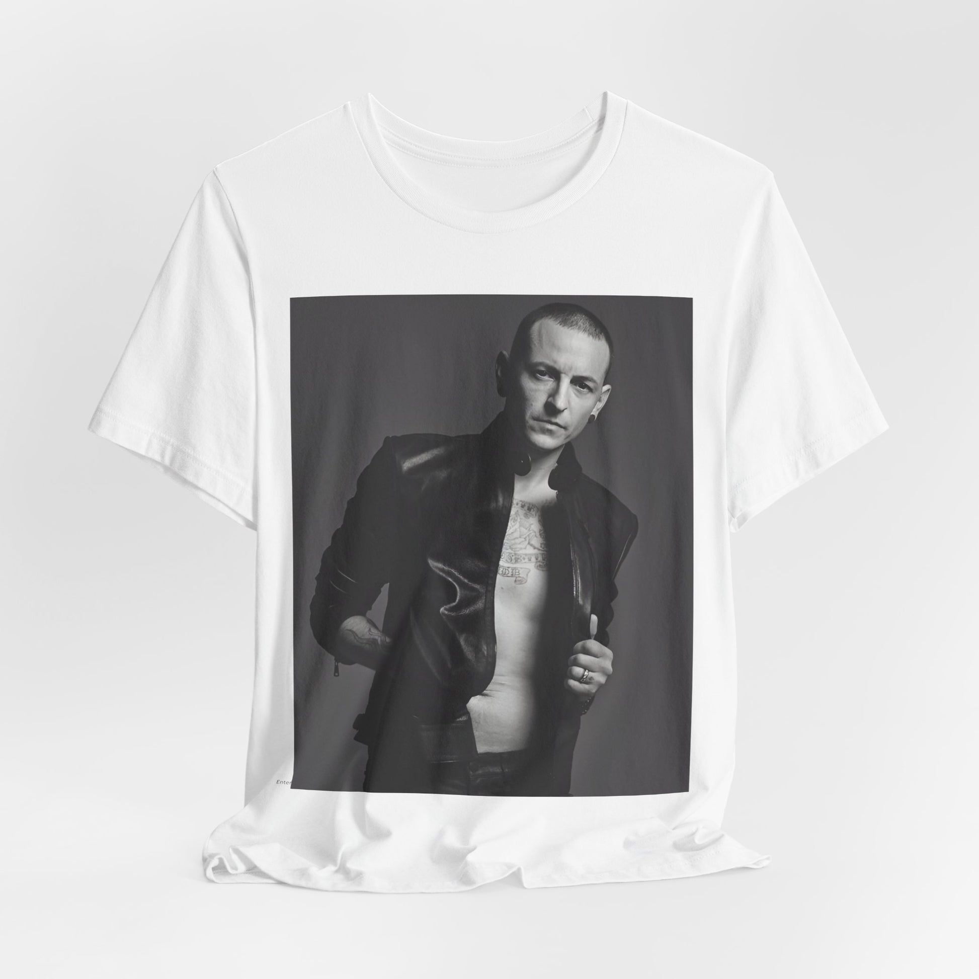 A black graphic t-shirt featuring a graphic of Chester Bennington from Linkin Park as a rock icon.