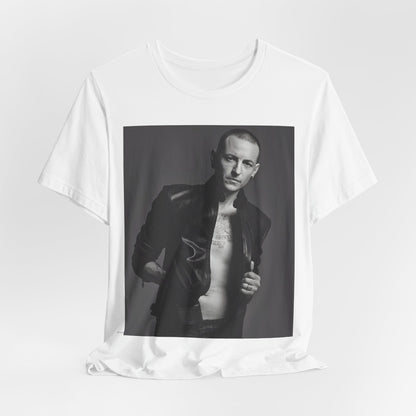 A black graphic t-shirt featuring a graphic of Chester Bennington from Linkin Park as a rock icon.
