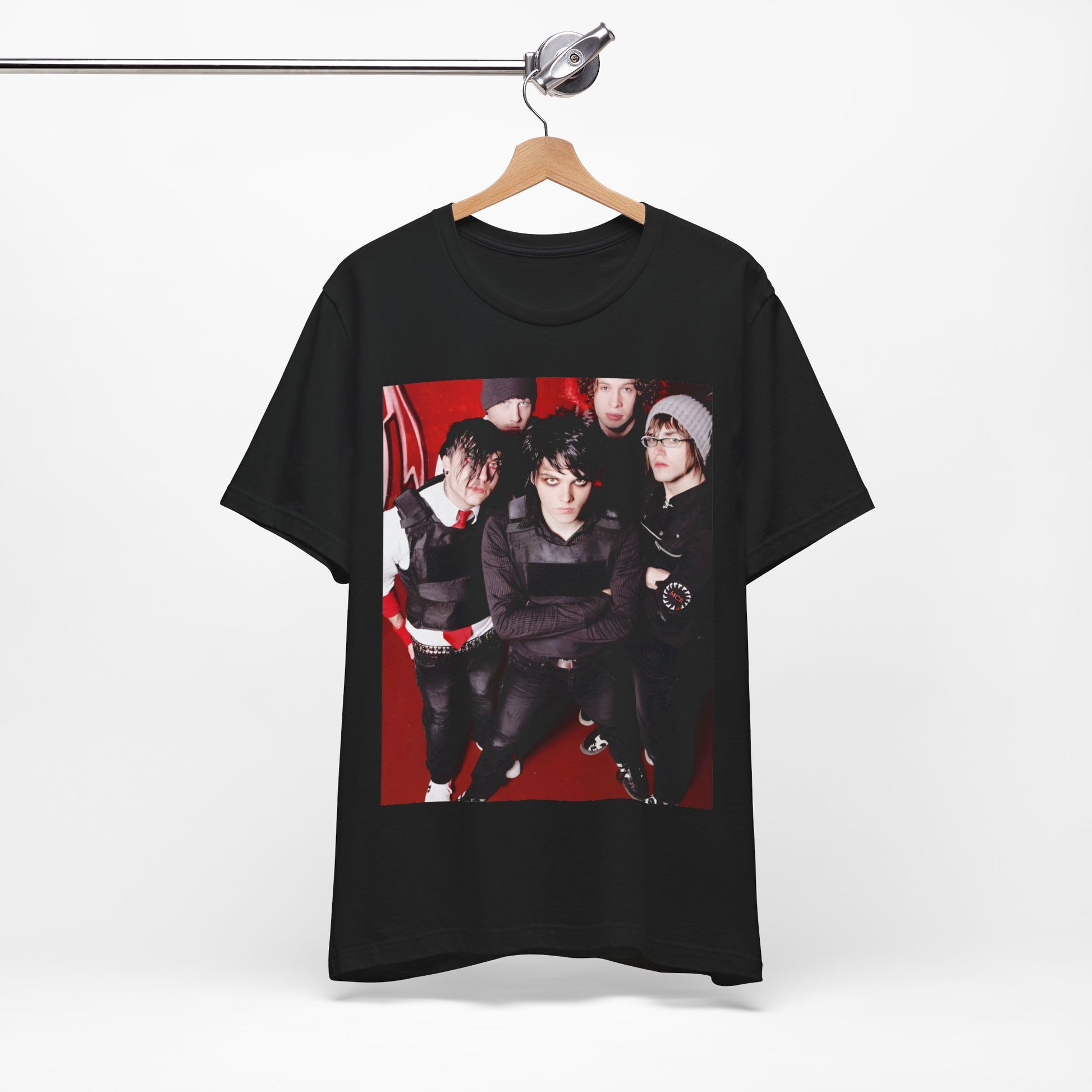 A black graphic t-shirt featuring a boxy graphic related to My Chemical Romance's 'Black Parade' album era.