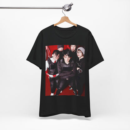A black graphic t-shirt featuring a boxy graphic related to My Chemical Romance's 'Black Parade' album era.