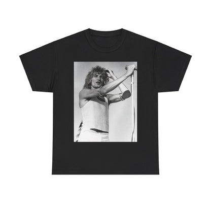 A black graphic t-shirt featuring a vintage black and white graphic or photo of Rod Stewart on tour.