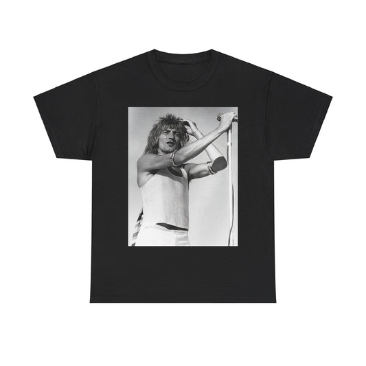 A black graphic t-shirt featuring a vintage black and white graphic or photo of Rod Stewart on tour.