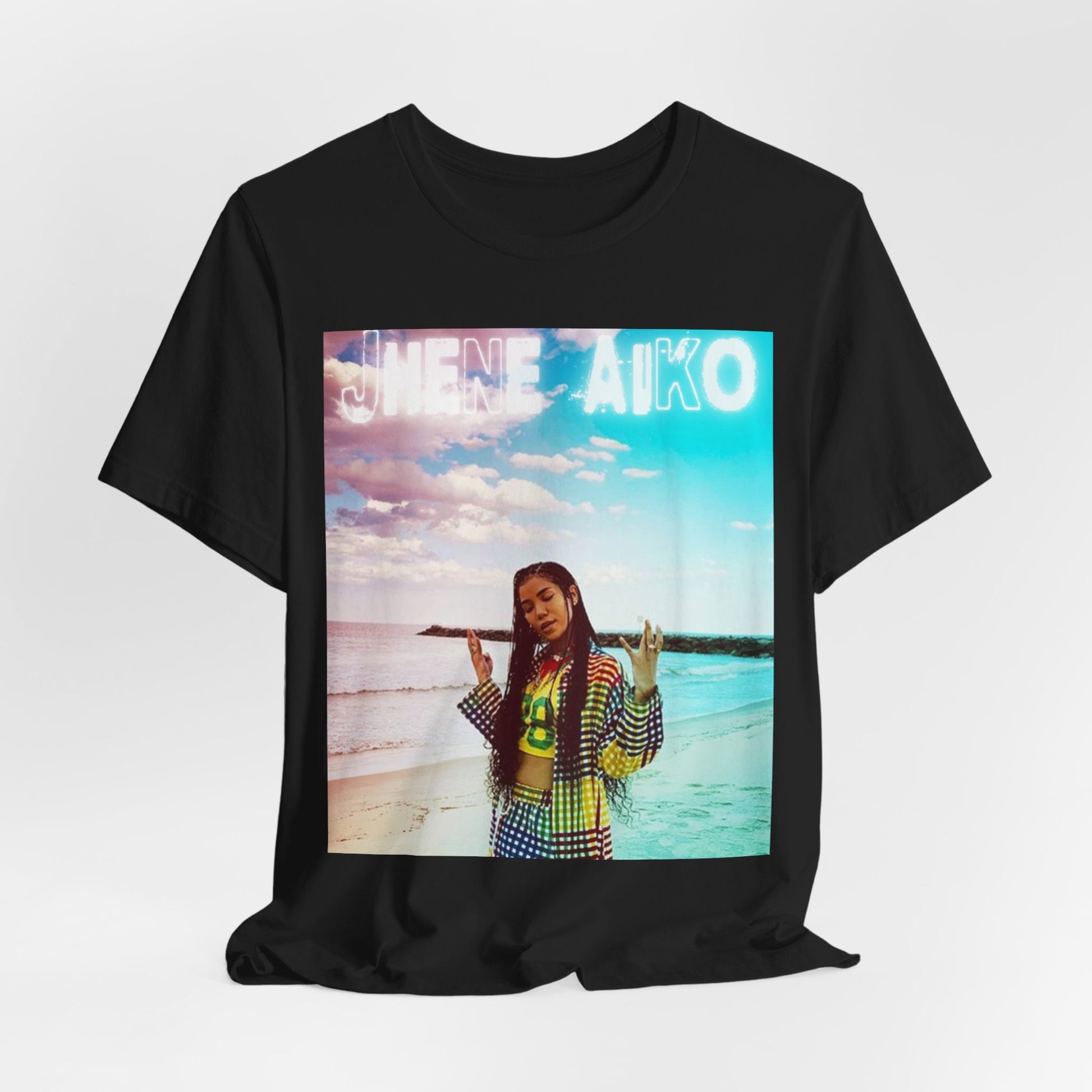 A black graphic t-shirt featuring a vintage ethereal R&B graphic of Jhene Aiko.