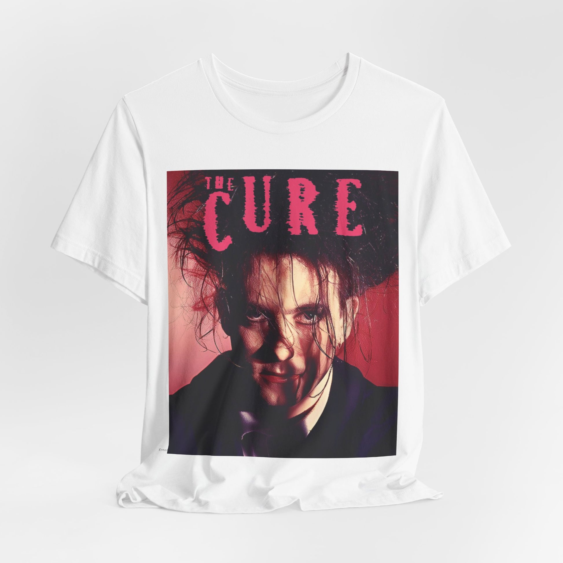 A black graphic t-shirt featuring a vintage graphic related to The Cure's 'Just Like Heaven' song or era.