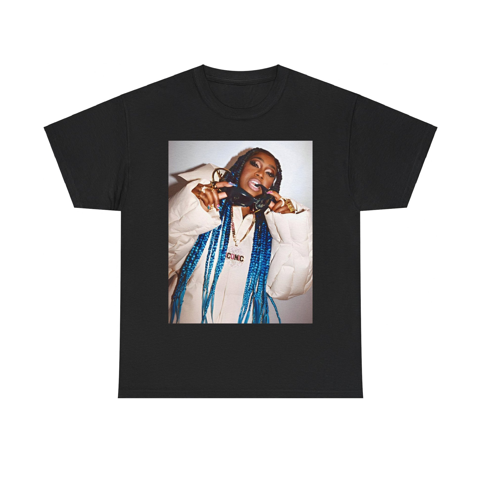 A black graphic t-shirt featuring a retro graphic related to Missy Elliott's 'Supa Dupa Fly' album era.