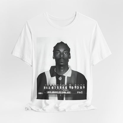 A black graphic t-shirt featuring a graphic of Snoop Dogg's mug shot.