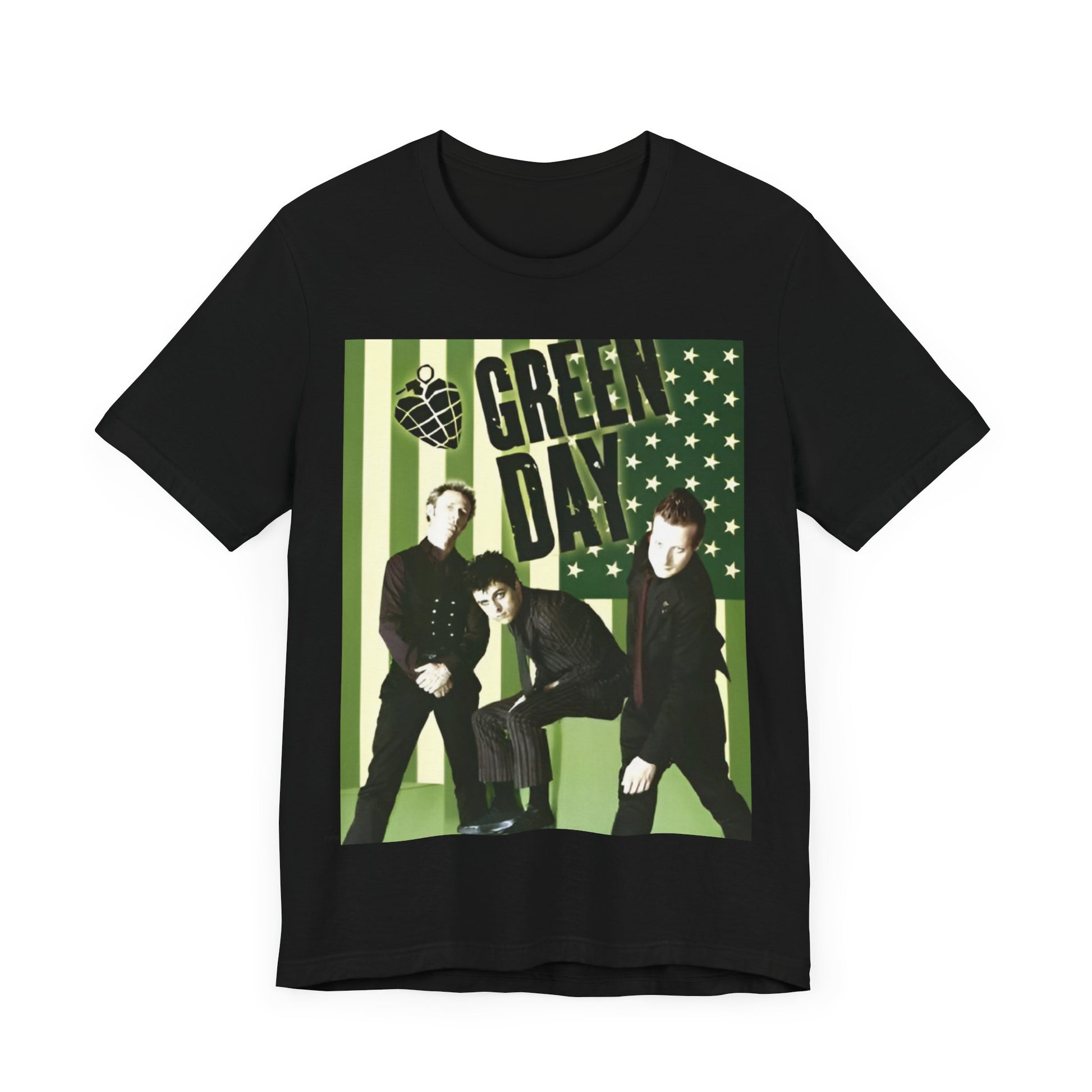 A black graphic t-shirt featuring a graphic related to Green Day's 'American Idiot' album era.