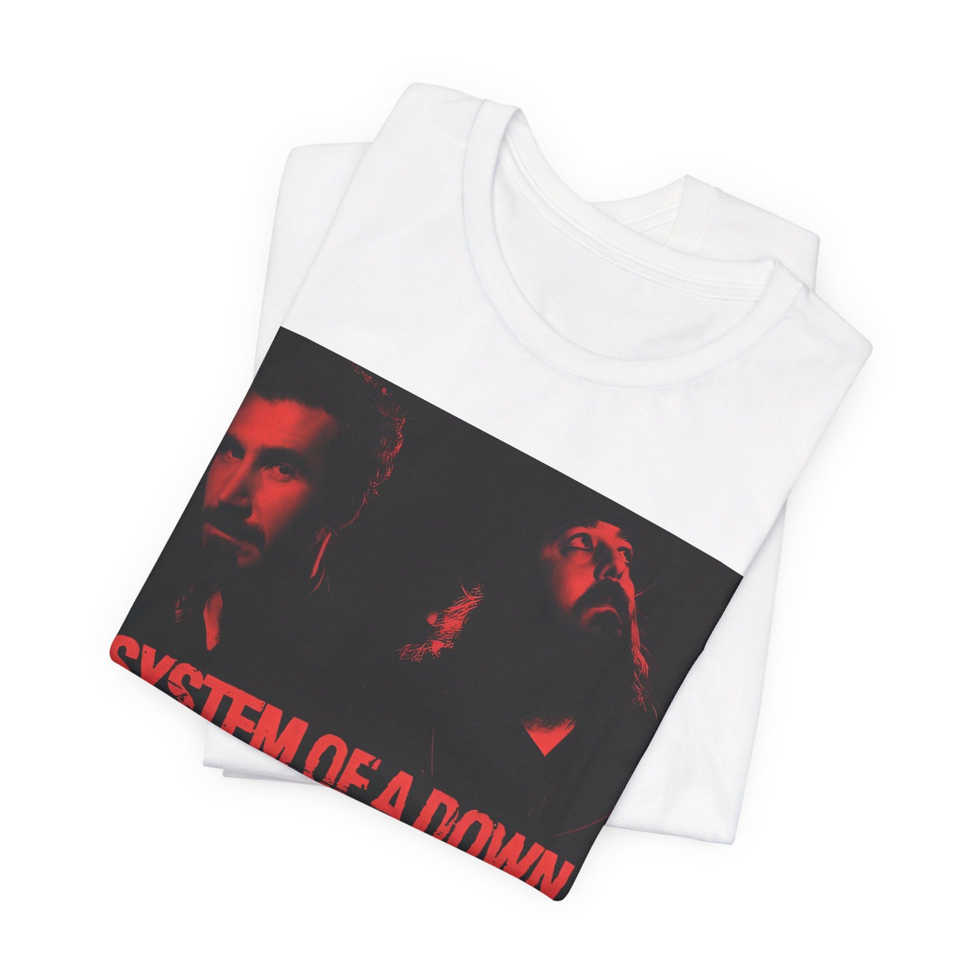 A black graphic t-shirt featuring a modern metal essential graphic of System of a Down.