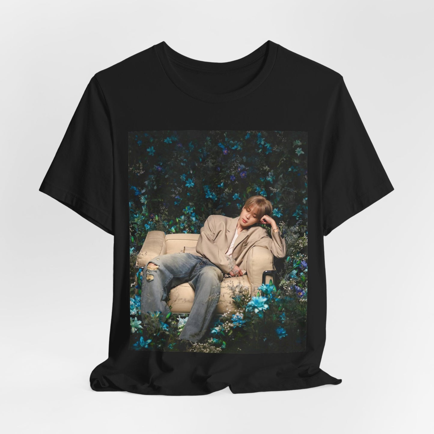 A black graphic t-shirt featuring an aesthetic graphic of Jimin in a K-Pop style.