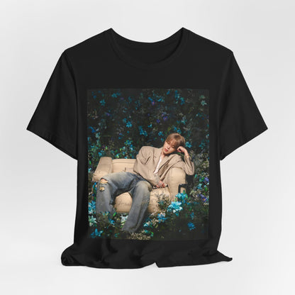 A black graphic t-shirt featuring an aesthetic graphic of Jimin in a K-Pop style.