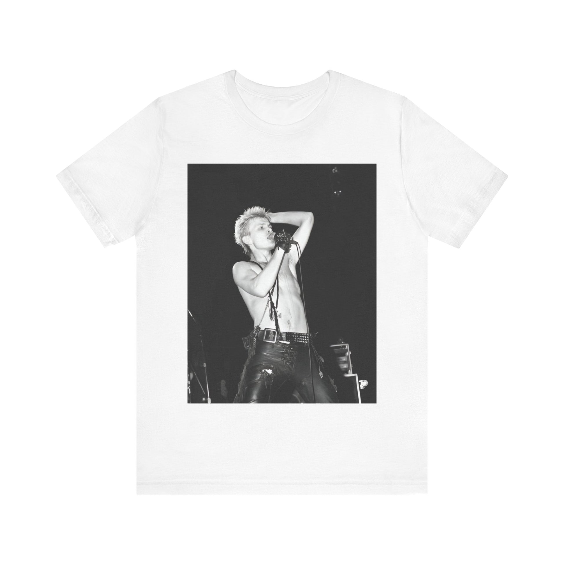 A black graphic t-shirt featuring a graphic related to Billy Idol's 'White Wedding' era, with a distinctive aesthetic.