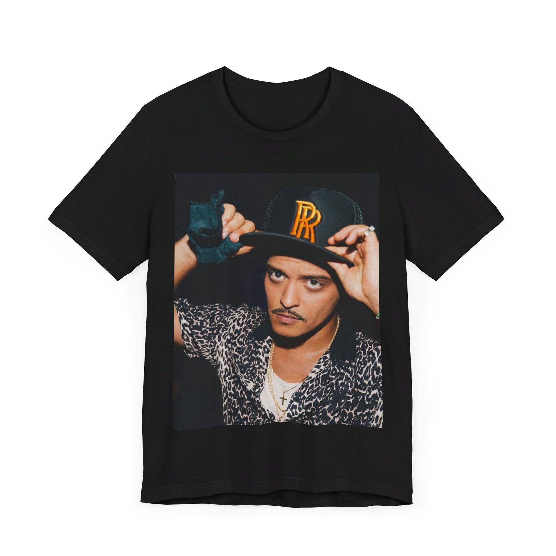 A black graphic t-shirt featuring a vintage photo of Bruno Mars wearing a hat or cap with 'RR' initials.