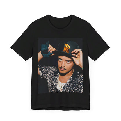 A black graphic t-shirt featuring a vintage photo of Bruno Mars wearing a hat or cap with 'RR' initials.