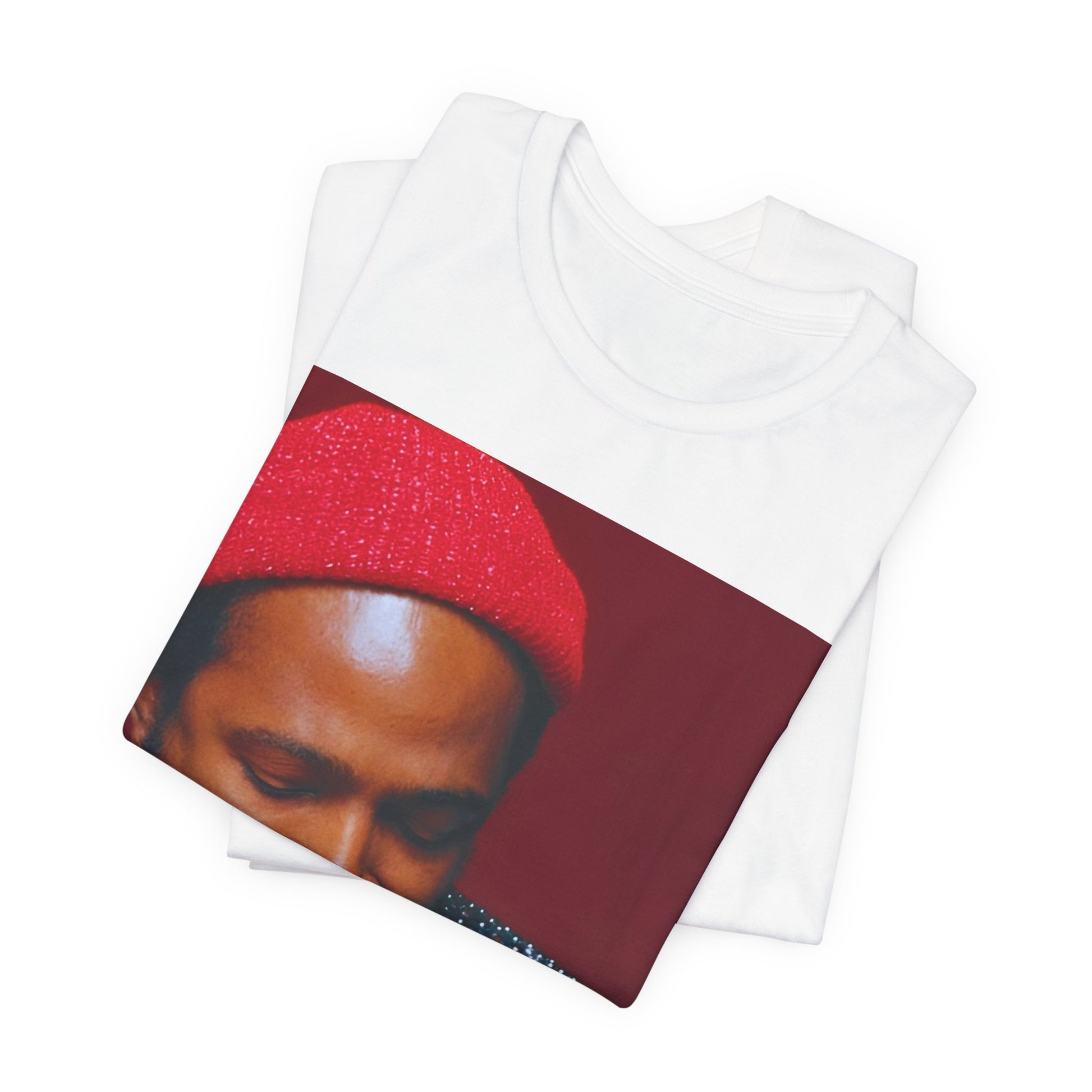 A black graphic t-shirt featuring a graphic related to Marvin Gaye's 'What's Going On' album era.