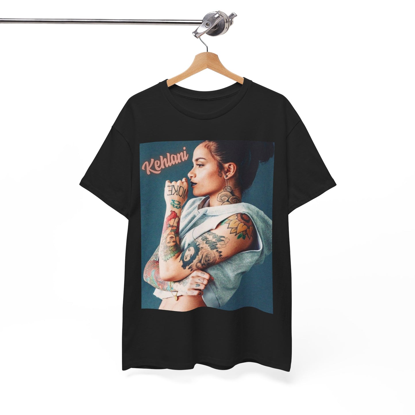 A black graphic t-shirt featuring a graphic related to Kehlani's 'Gangsta' song from the Suicide Squad era.