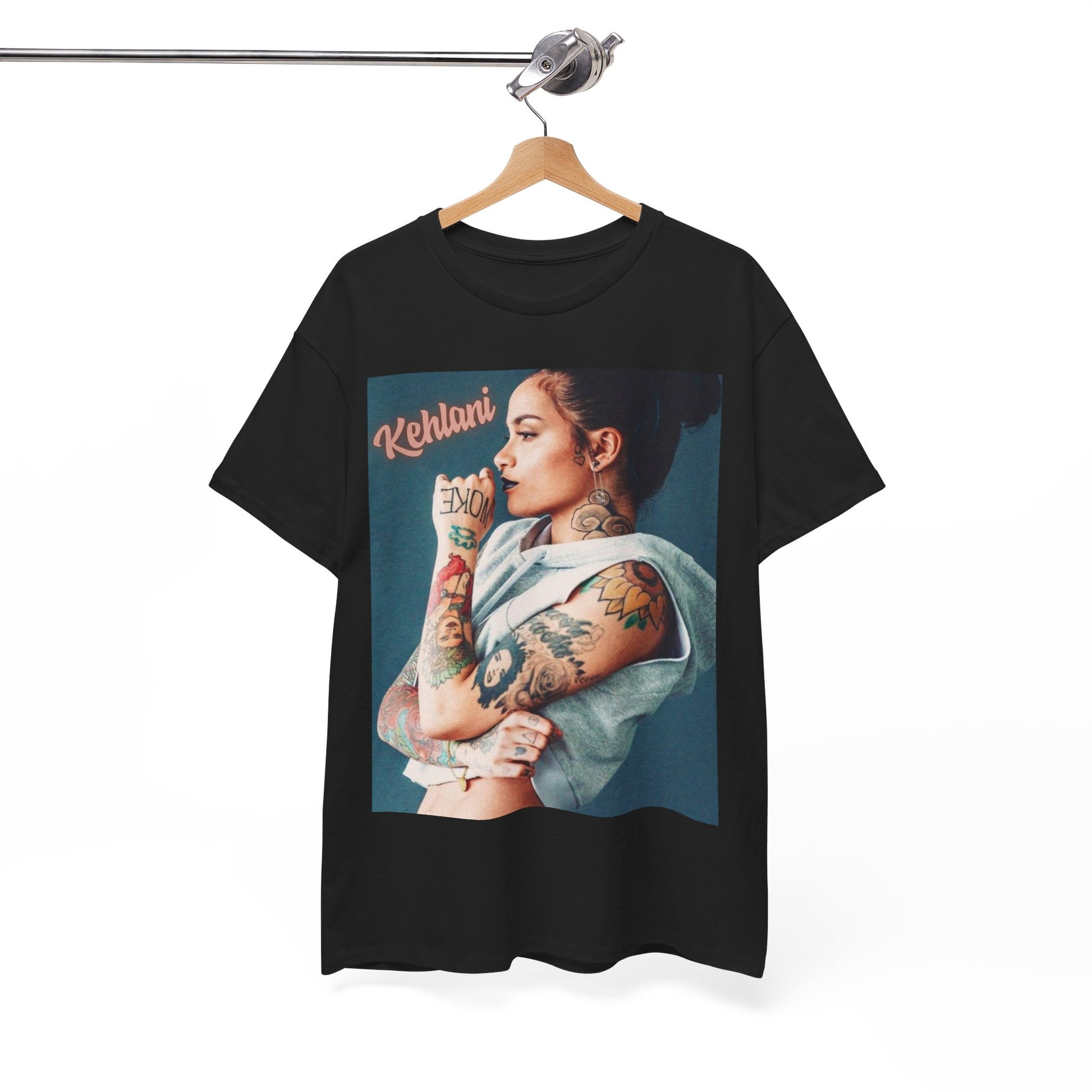 A black graphic t-shirt featuring a graphic related to Kehlani's 'Gangsta' song from the Suicide Squad era.