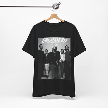 A black graphic t-shirt featuring a retro graphic related to Radiohead's 'OK Computer' album era.