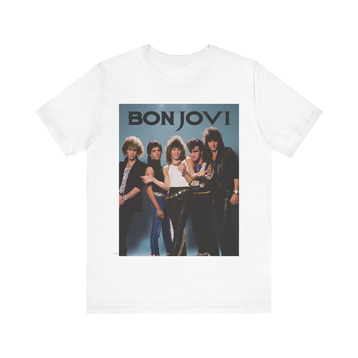 A black graphic t-shirt featuring a retro graphic inspired by Bon Jovi's 'Slippery When Wet' album art.