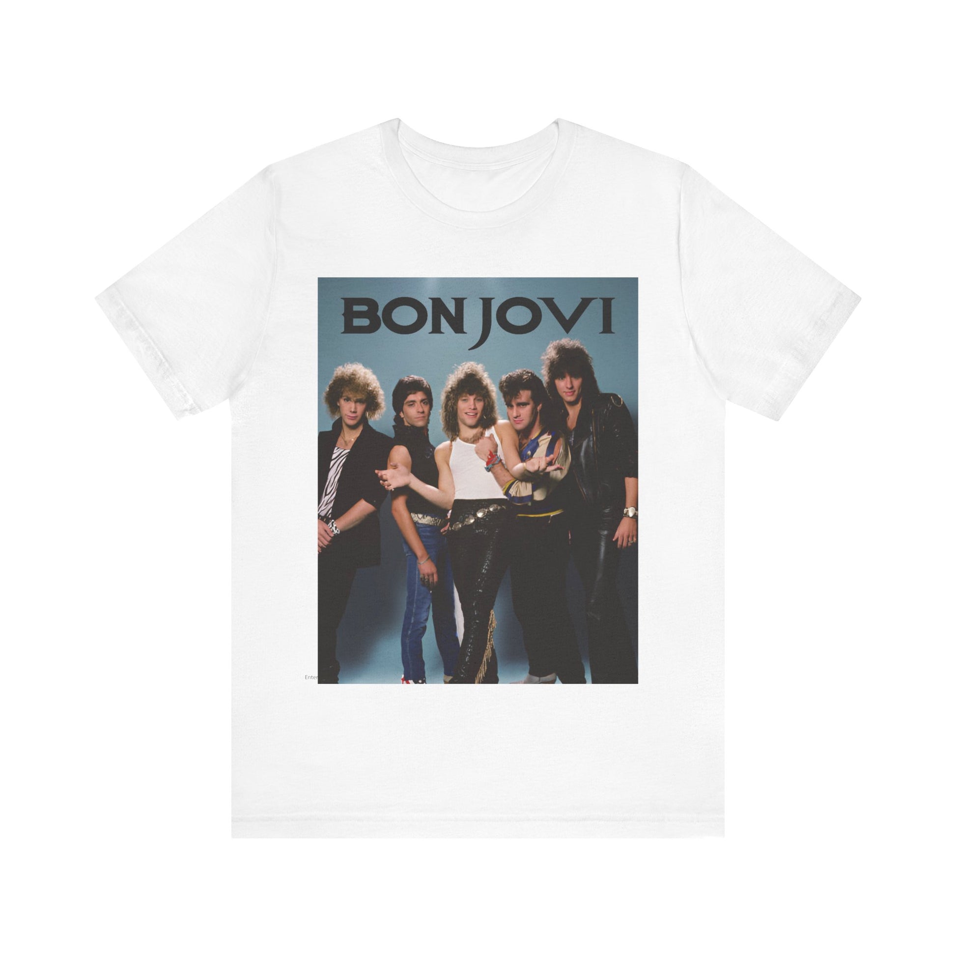 A black graphic t-shirt featuring a retro graphic inspired by Bon Jovi's 'Slippery When Wet' album art.