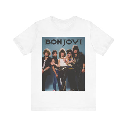 A black graphic t-shirt featuring a retro graphic inspired by Bon Jovi's 'Slippery When Wet' album art.