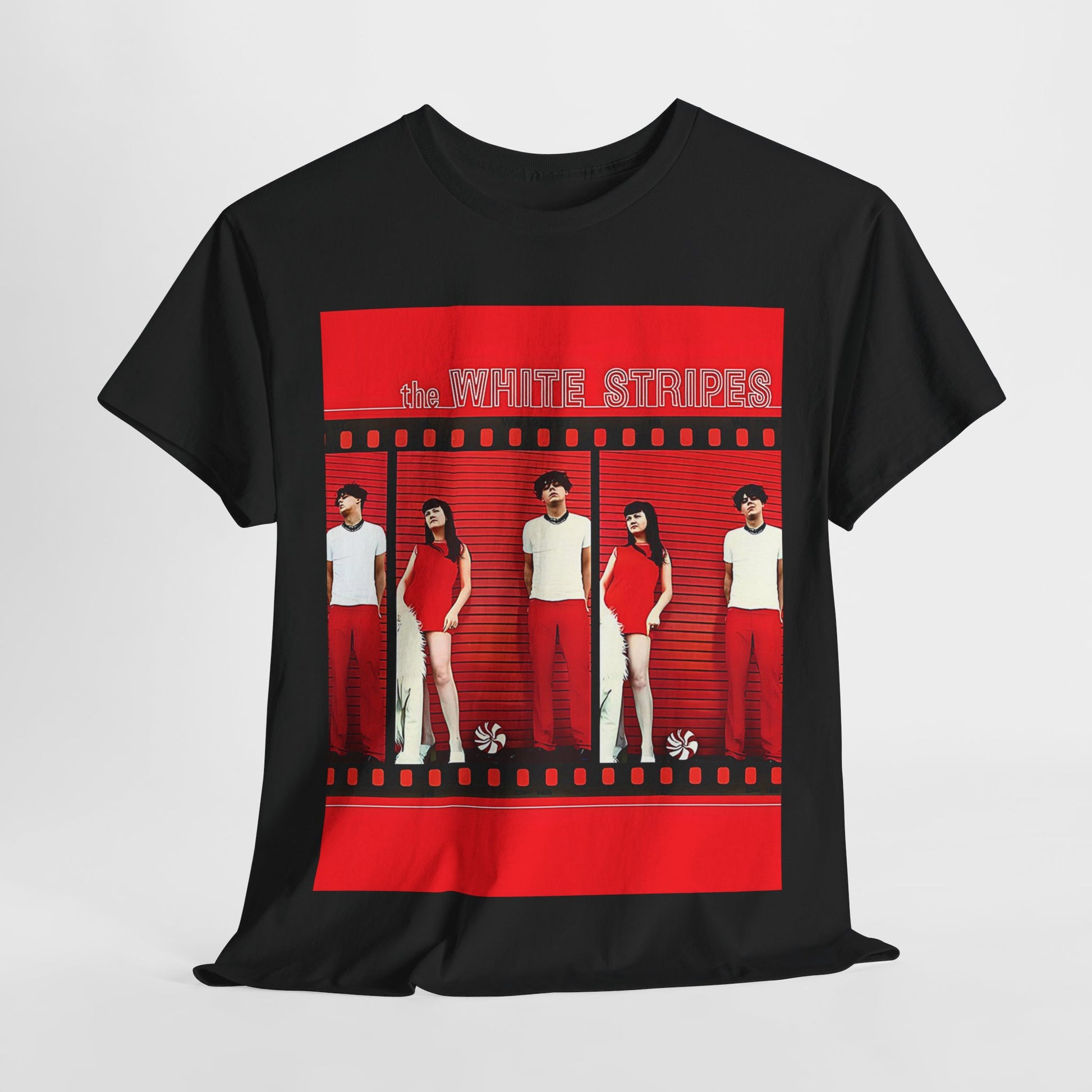 A black graphic t-shirt featuring an authentic blues rock duo graphic of The White Stripes.