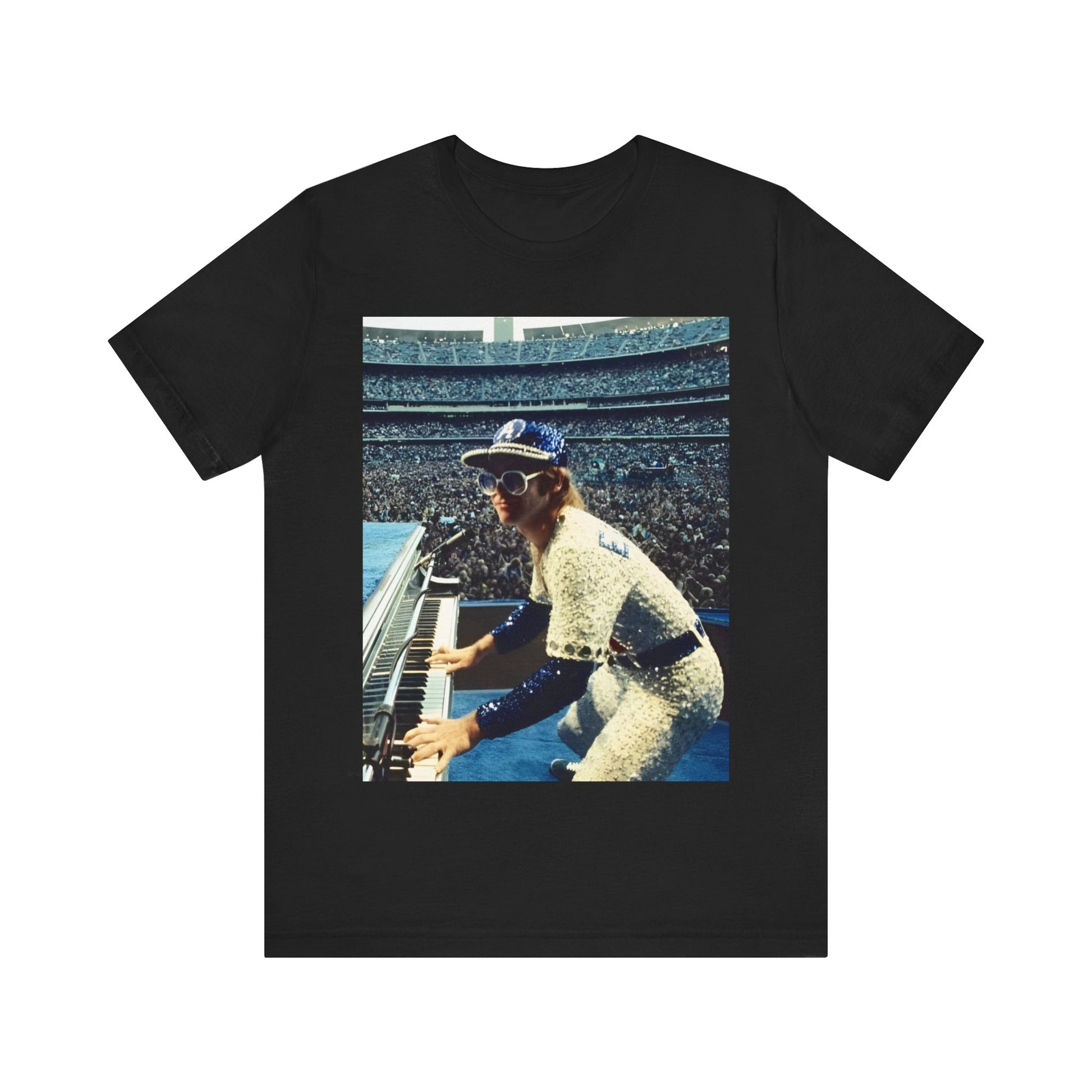 A black graphic t-shirt featuring a photo of Elton John from his 1975 Dodgers Stadium concert.