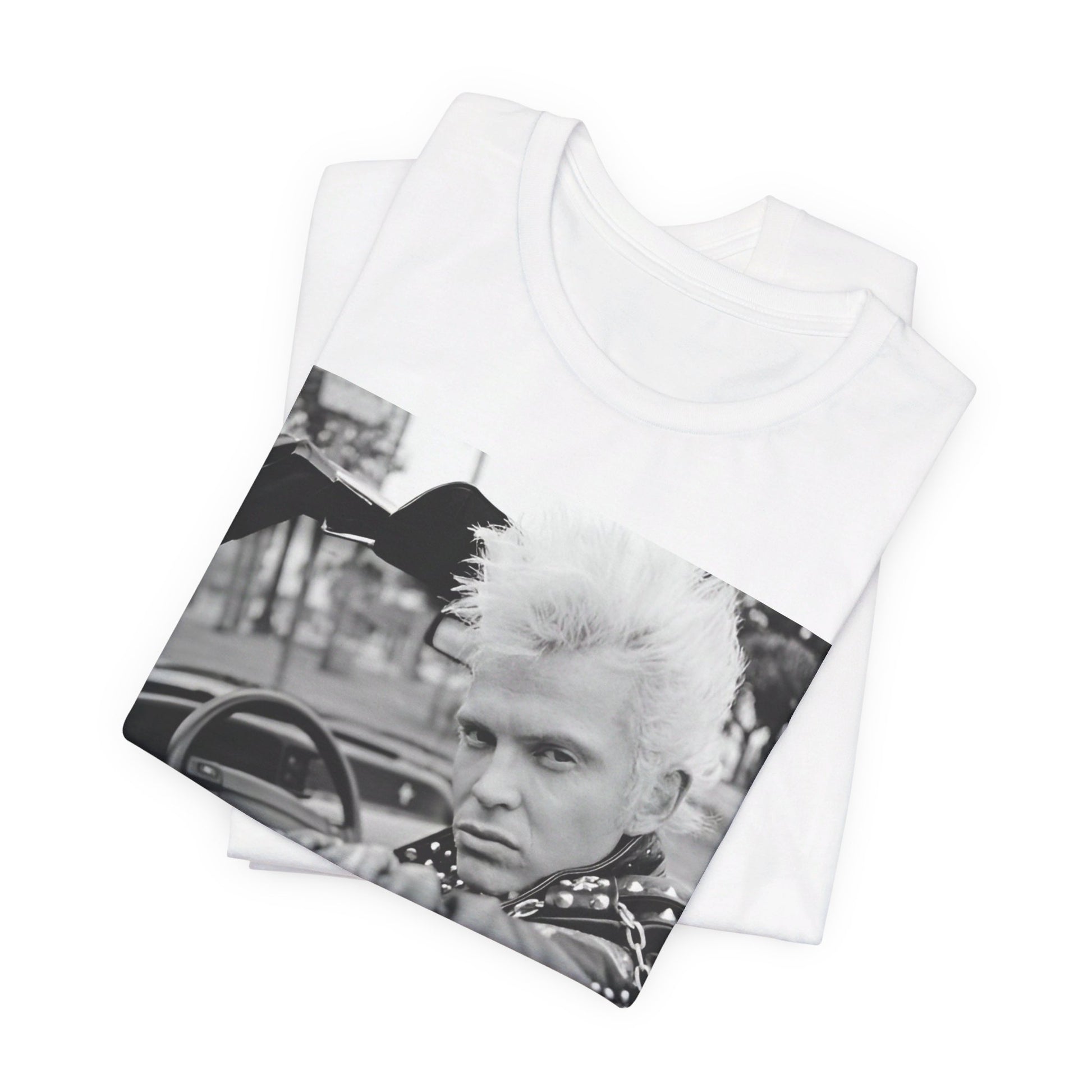 A black graphic t-shirt featuring a graphic of Billy Idol in a classic 80s punk rock pose.