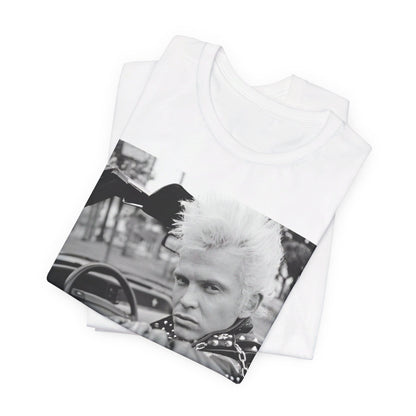 A black graphic t-shirt featuring a graphic of Billy Idol in a classic 80s punk rock pose.