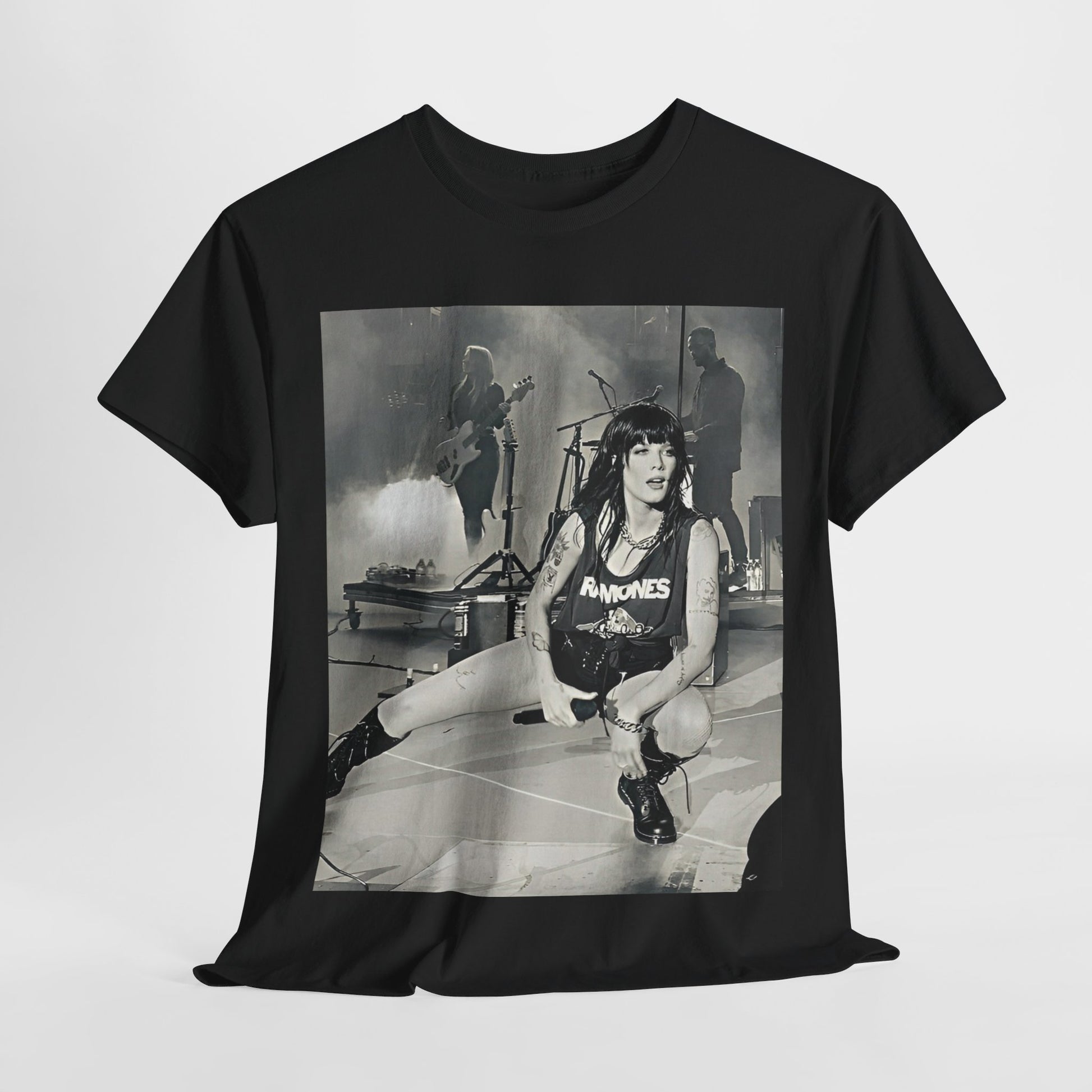 A black graphic t-shirt featuring a black and white graphic or photo of Halsey performing live in concert.