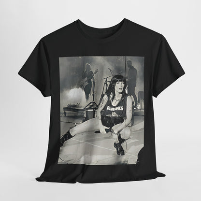 A black graphic t-shirt featuring a black and white graphic or photo of Halsey performing live in concert.