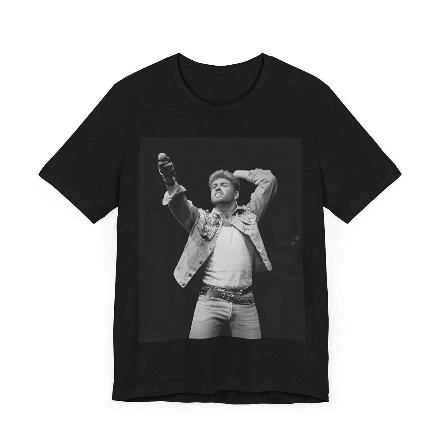 A black graphic t-shirt featuring a graphic or photo of George Michael performing live on stage.