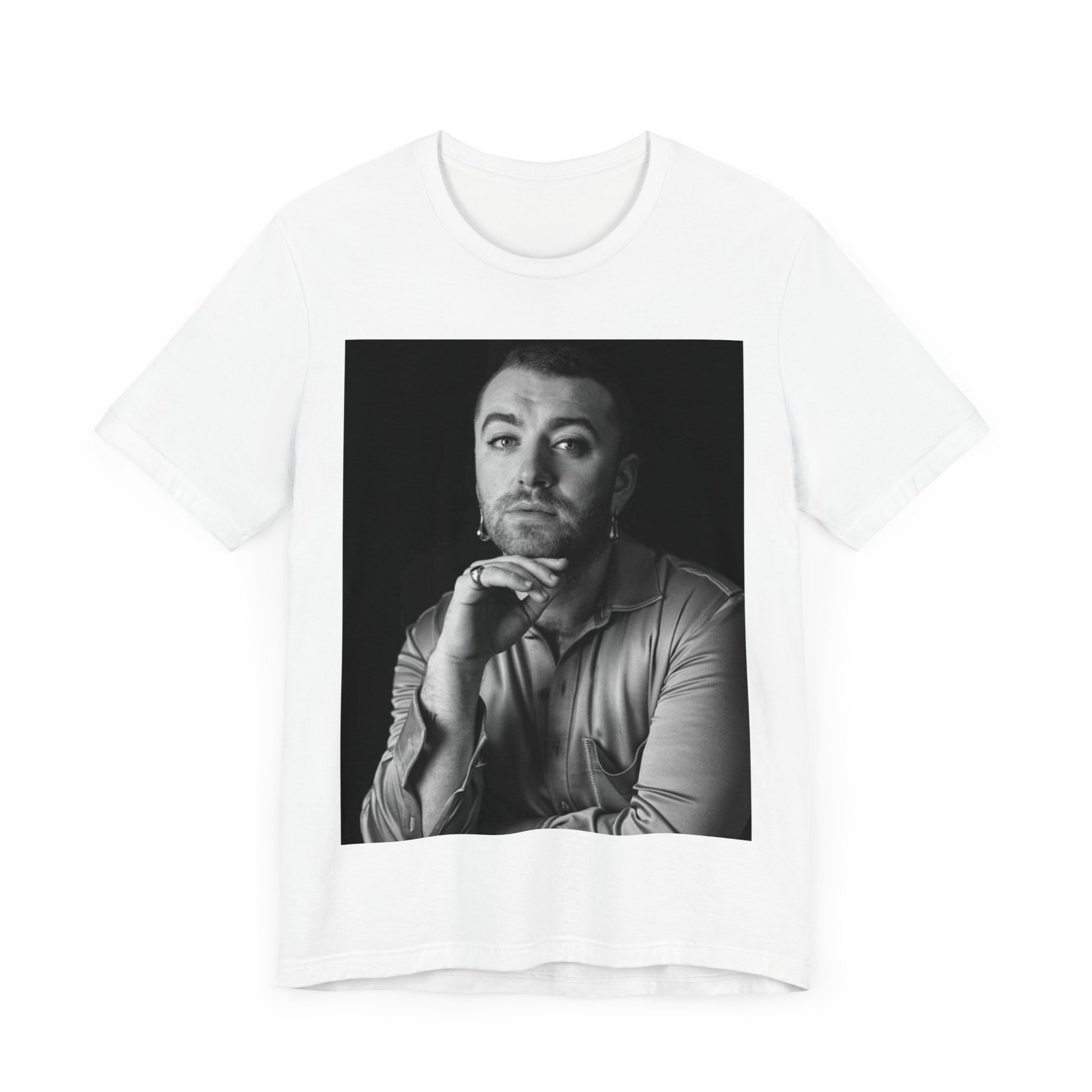 A black graphic t-shirt featuring a black and white portrait photo of Sam Smith.
