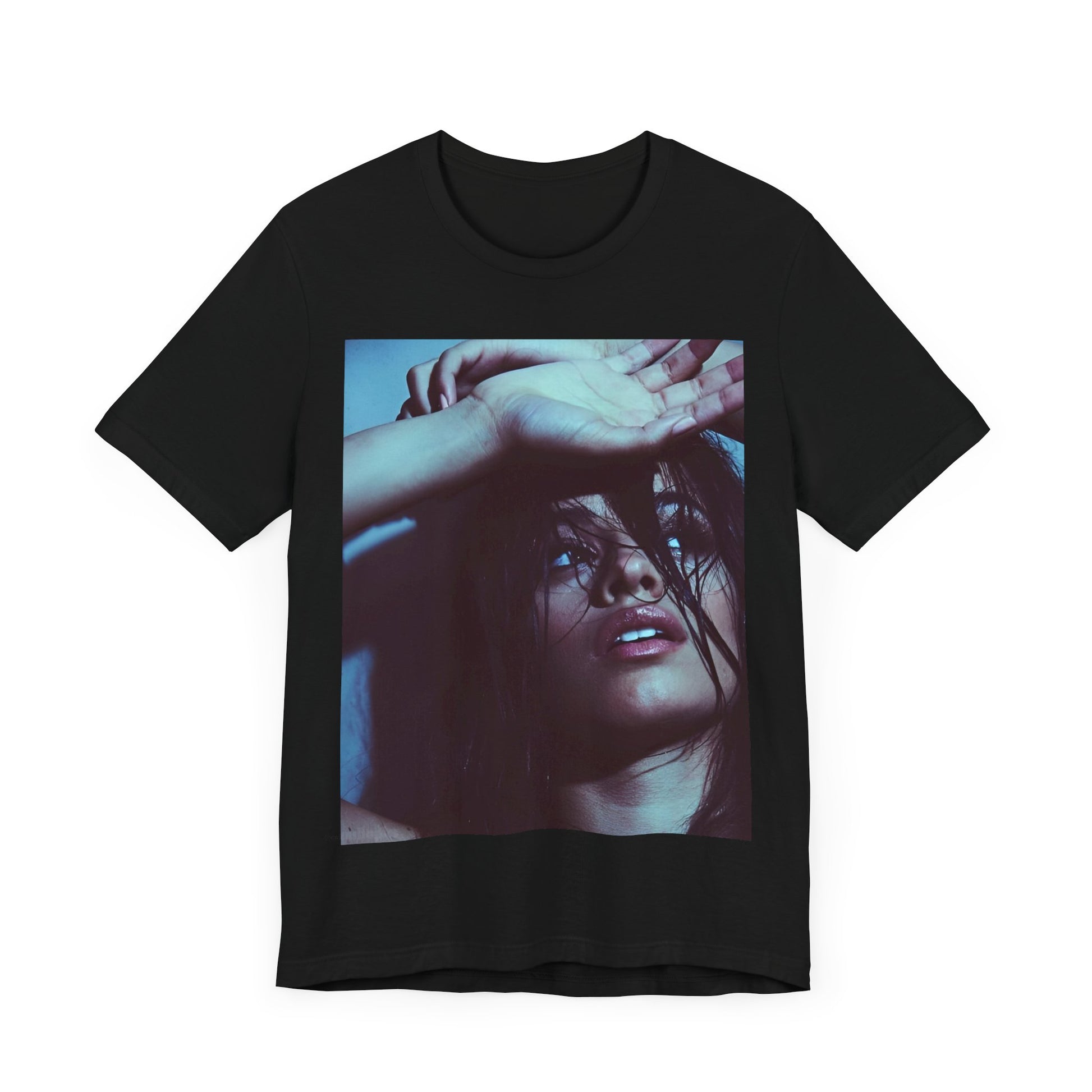 A black graphic t-shirt featuring a graphic related to Camila Cabello's "Señorita" song, possibly with dance-inspired elements.